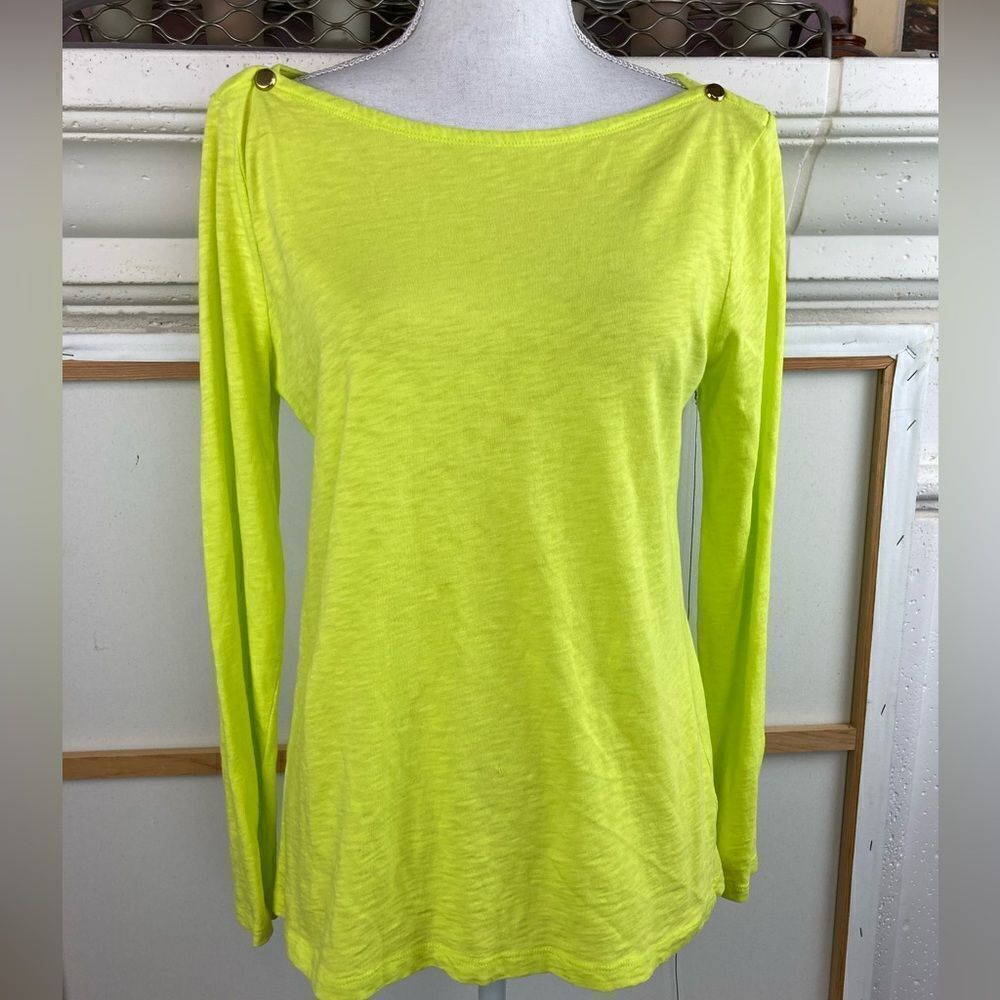 JCrew Painter T long sleeved bright citron boat neck, brass buttons on shoulders